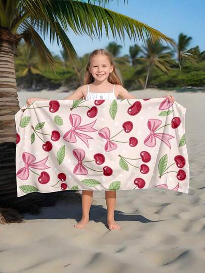 1pc Fruit Cherry Bow Kids Beach Towel, Super Soft Microfiber Extra Large Beach Blanket, Super Absorbent Bath Towel, Suitable For Travel, Swimming Pool, Diving, Surfing, Yoga, Camping, Available In Multiple Sizes, Beach Accessories For Beach, Pool, Travel, Camping, Yoga