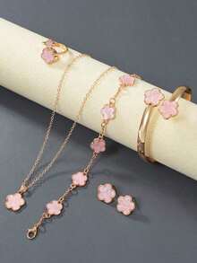 6pcs/Set Necklace, Bracelet, Earrings, Ring, Lucky Flower Necklace, Gold Earrings, Gold Ring, Gold Necklace, Gold Bracelet, Gold Bangle, Girl Jewelry Set, Suitable For Back To School, Party, Holiday - 粉色 - 查看 10