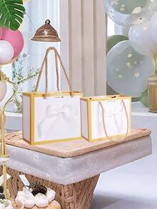 10pcs/1pc/Small Thank-You Gift Bag With Bow And Handle, Measuring 14X12X6CM. Suitable For Jewelry, Baby Showers, Bridal Showers, Wedding Season/Mother's Day And Christmas Holiday Gifts. - Gold Trim + White Bow - View 5