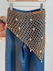 1PC Wasteland-Style Hand-Crocheted Scarf Bohemian-Chic Fishnet Shell Beach Shawl Triangular Multifunctional Headscarf Music Festival Bikini Cover-Up Summer Beach Vacation Accessories - Brown - View 1
