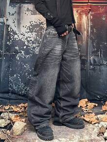 Jeans baggy super ample de type Y2K pour hommes, en jean vintage lavé noir gris sans stretch. Pantalon de rue à jambes larges, décontracté et quotidien, pour le skate. Plusieurs tailles disponibles. - Noir - Voir 4