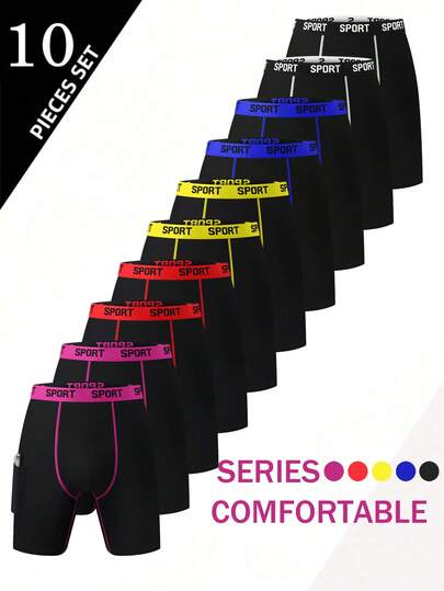 10 Peças Cuecas Boxer Esportivas Masculinas, Costura Contrastante, Bolso Lateral, Cintura Elástica, Conjunto Multipack de Roupas Íntimas Esportivas
