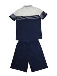 1 Set Herren Lässig Sportanzug, jacquard-gemusterter patchwork Sommer Poloshirt mit Stehkragen, halber Reißverschluss, gestreifter Muster und Shorts Outfit - Blau - Übersicht 2
