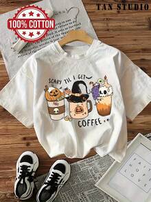 T-shirt d'été pour femme, édition limitée Halloween, imprimé amusant, col rond, coupe ample, 100% coton pur, doux et respirant, idéal pour les voyages d'agrément, les voyages et les vacances. - Blanc - Voir 8