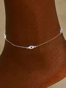 EleRunis 1PC 925 Sterling Silver Dainty Layered Zirconia Evil Eye Ankle Bracelet Fashion Foot Adjustable Chain Summer Style Jewelry For Women Girls Girls - Silver - View 1