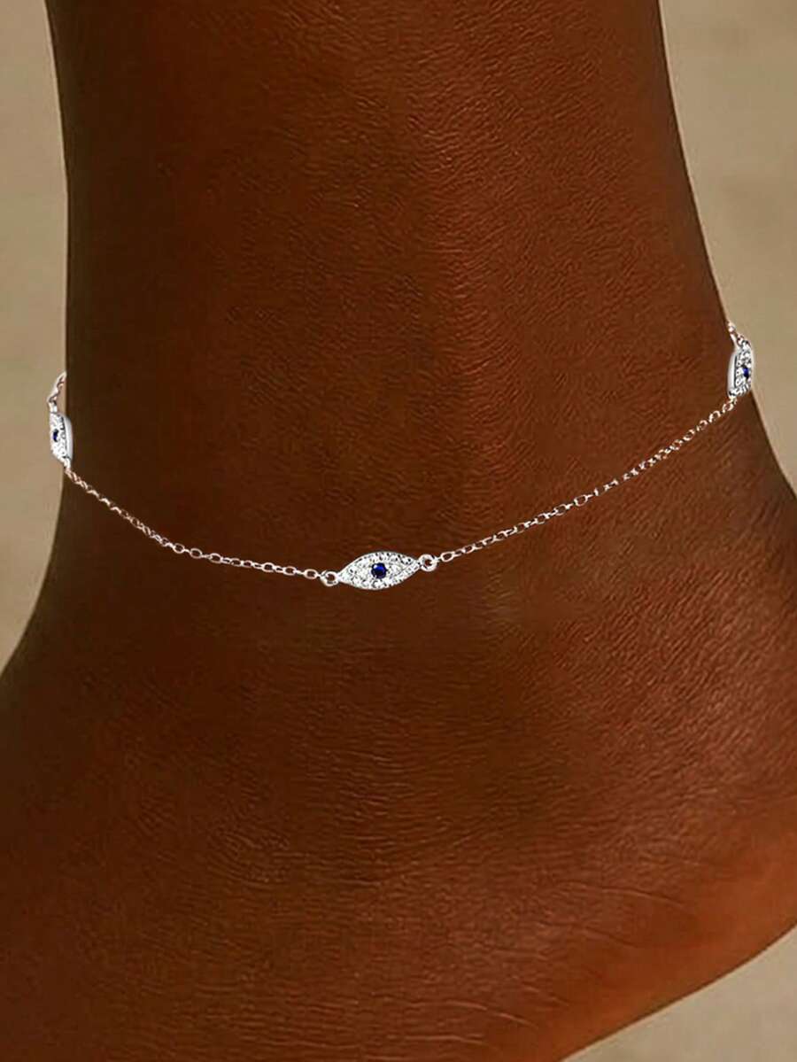 EleRunis 1PC 925 Sterling Silver Dainty Layered Zirconia Evil Eye Ankle Bracelet Fashion Foot Adjustable Chain Summer Style Jewelry For Women Girls Girls - Silver - View 1
