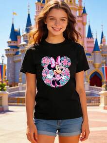 Women's Casual Pure Cotton Minnie Mouse Print T-Shirt, Short-Sleeved, Round Neck, Loose Fit. A Must-Have For Disney Fans, Perfect For Taking Photos At Disneyland, As A Travel Souvenir, For Everyday Casual Wear, Or For Matching Family Outfits. Also An Ideal Valentine's Day Gift For Friends And Family. Women's Clothing, New Spring Style, Comfortable And Skin-Friendly, Suitable For Outdoor Wear. - Black - View 1