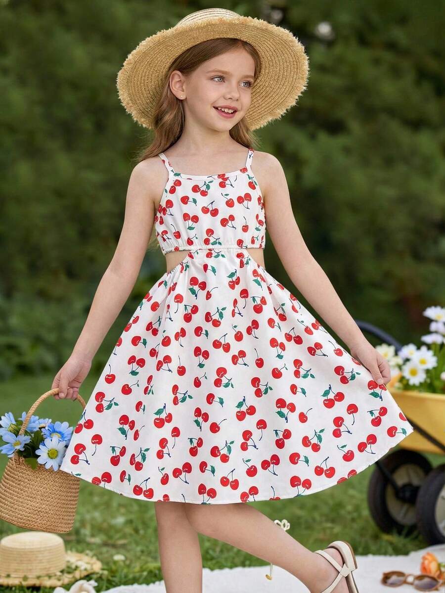 Rochie de vacanță casual fără mâneci, cu imprimeu de cireșe, pentru fete tinere, cu talie goală, albă, de vară - alb - Vizualizare 1