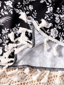 2件套女童休闲碎花图案罩衫套装，含上衣和裤子，春夏款 - 黑色 - 查看 8