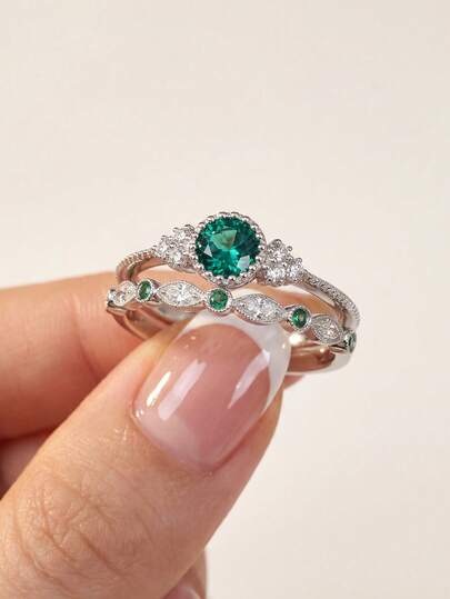 Stylever 1 Set 925 Sterling Silver Luxury Sparkling Zirconia Couple Rings, Inlaid White Zirconia, Basic Single Ring For Ladies, Exquisite Jewelry, Suitable As Gift For Girl's Birthday, Prom And Other Occasions