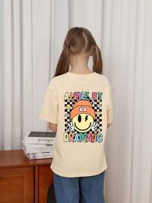 Kaos Lengan Pendek Leher Bulat dengan Motif Grafis Kasual untuk Anak Perempuan Remaja, Atasan Musim Panas - Aprikot - View 3