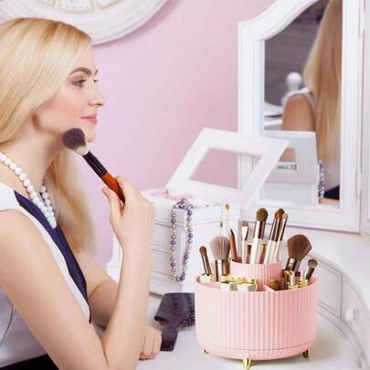 Soporte giratorio de 360° para brochas de maquillaje, organizador de tocador de gran capacidad para esponjas de maquillaje, lápices, barras de labios, cosméticos y joyas, tocador portátil, baño, escritorio de oficina, caja de almacenamiento de papelería o organizador de viaje