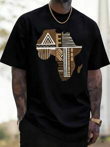 African Map Pattern Printed Round Neck Short Sleeve, Fashion, Unique Design, Outdoor Street Style, Hip Hop Casual Style, Comfortable Fabric, Men's Tee - 黑色 - 查看 1