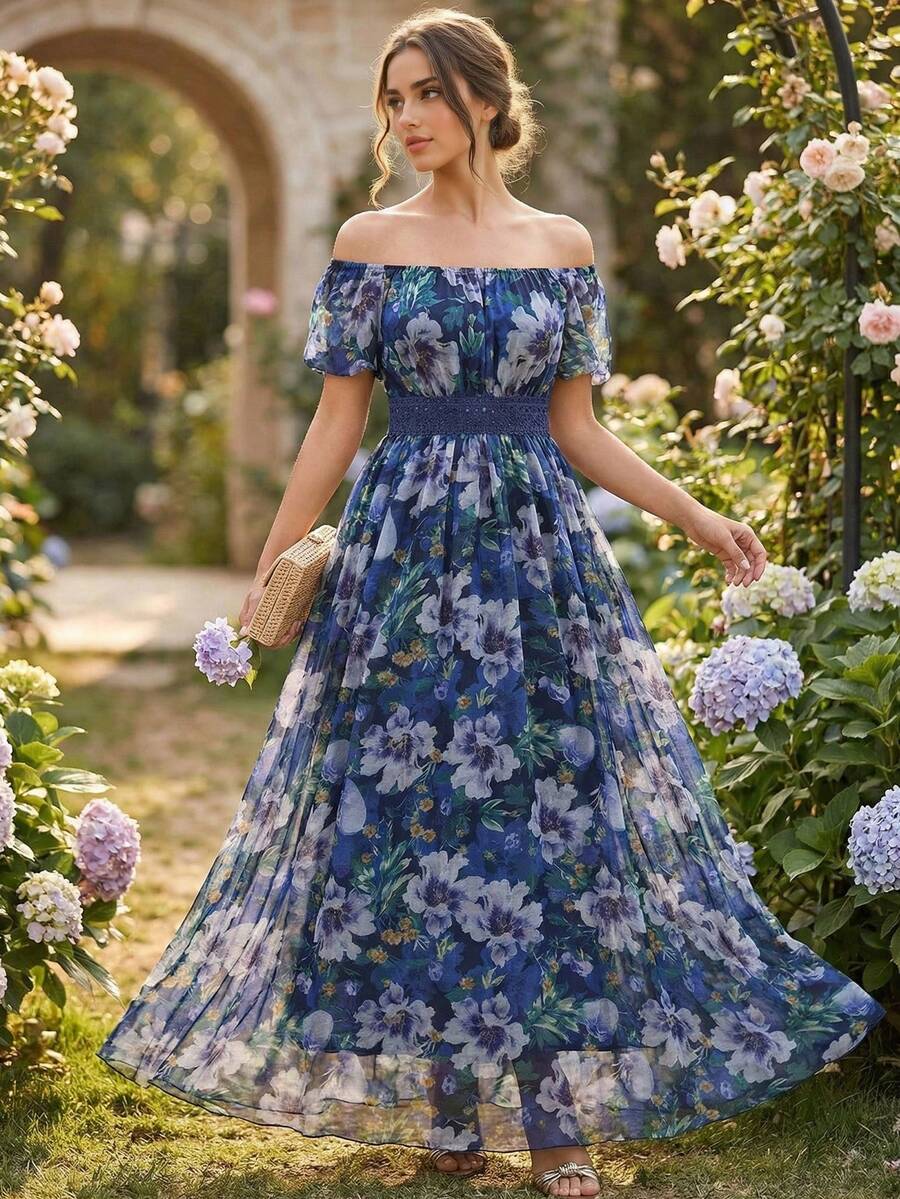 Women's Random Floral Print Dress, Minimalist Daily Wear, Off Shoulder Short Sleeve Maxi Dress With Waist Drawstring Detail, Elegant & Soft Suitable For Vacation, Daily Occasions, Summer - Blue - View 1