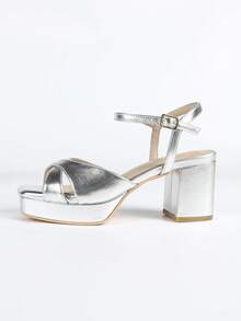 女士时尚高跟鞋，时尚PU皮革交叉绑带，春夏户外穿着 - 銀色 - 查看 6