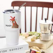 30oz Stainless Steel Tumbler Black White Options,  Chicken With Bandana And Name Print Graphic Cups, Insulated Travel Coffee Mug With Lid And Straw , Double Wall Vacuum Reusable Travel Cups, Funny Birthday Party Gift For Women & Men - 白色 - 查看 2
