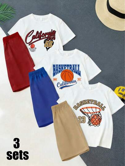 男童字母印花短袖T恤和短裤三件套