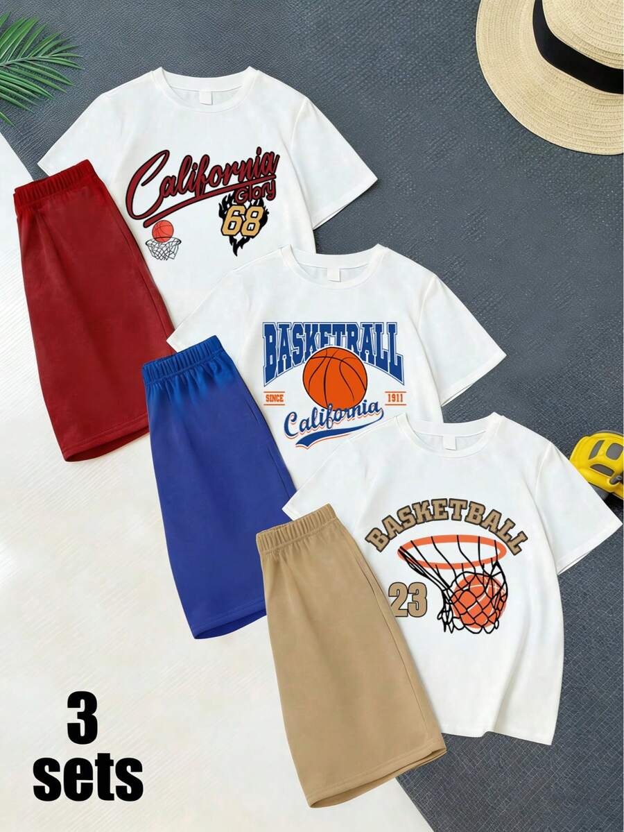 3pcs Boys' Letter Print Short Sleeve T-Shirt And Shorts Set - Multicolor - View 1