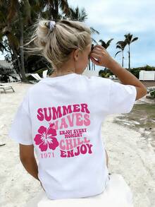 Tween Girl Casual Funny Print Round Neck Short Sleeve T-Shirt Tops, Summer - White - View 3