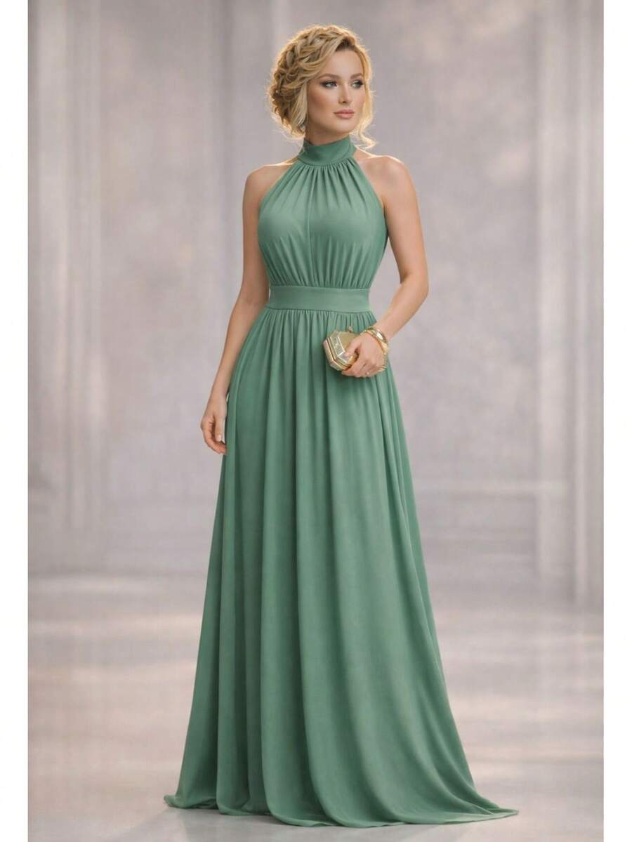 Bridesmaid Dress For Party Guests Reception Graduation Without Shine In Flutter With Pearl Belt - Màu xanh Ô liu - Xem 1