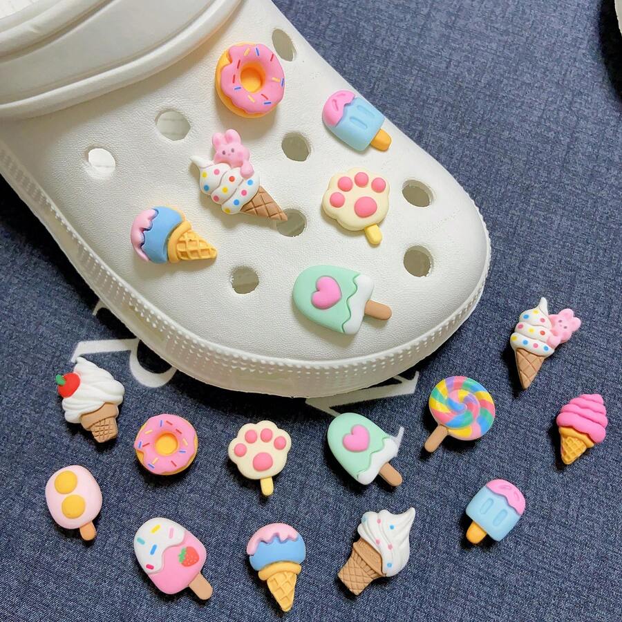 12个夏季卡通可爱仿真冰淇淋、棒棒糖、甜甜圈系列鞋饰，DIY树脂鞋饰，适用于花园鞋、木屐、拖鞋、凉鞋，完美的夏季礼物 - 彩色 - 查看 1