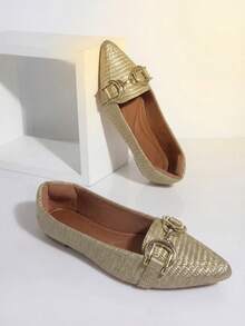 Women's Pointed Toe Gold Raffia Flats With Gold Embellishment | Sophia – Shiny, Light, Charming - Vàng - Xem 8