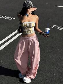 Pantaloni palazzo larghi da donna, con decorazione plissettata, casual per uso quotidiano, in tessuto leggero e tessuto, adatti per l estate e la primavera - Rosa antico - Visualizzare 2