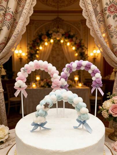 1pc Polyester Pom Pom Arch Cake Topper -With Stars And Ribbon Bow Birthday Party Decoration Accessory - Event & Party Supplies For Christmas,Newyear,Valentine,Wedding Dessert Table Supplies