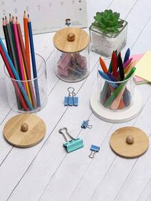 [Acrylic Swab Dispenser Set] 3 PiecesAcrylic Swab Dispenser Set - Individual Makeup Pad And Dental Floss Holder With Bamboo Lid And Bamboo Tray - Multicolor - View 7