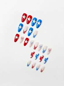 Immediately Enhance The Appearance Of Your Makeup. Just Put On 24 Almond-Shaped Nail Stickers On Your Nails To Create A Simple Red And Blue Striped Almond-Shaped Nail Star, Bow, Checkered Fake Nails, Full Coverage Fake Nails, Independence Day Nail Set. Suitable For Women And Girls! - Multicolor - View 2
