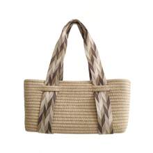 1pc Handmade Woven Storage Basket, Large Capacity Woven Tote Bag, Handcrafted Straw Woven Beach Picnic Basket - Multicolor - View 11