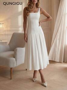 QUNGIGU 女士优雅白色不对称下摆中长连衣裙，方领无袖A字褶裥复古腰带，春夏婚礼宾客鸡尾酒会礼服 - 白色 - 查看 4