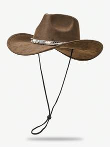 1pc Unisex Metal Leaf Cowboy Hat, Faux Felt Cowboy Hat, American Soft Felt Hat, Outdoor Wide Brim Cowboy Hat With Strap - Top Hat - View 5