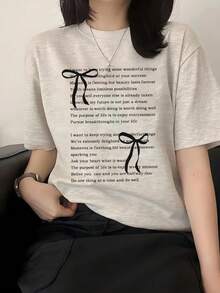 Kaos Wanita Gaya Jepang Model Longgar Leher Bulat Kasual Serbaguna Lengan Pendek Bermotif, Musim Semi/Panas - Abu-abu muda - View 5