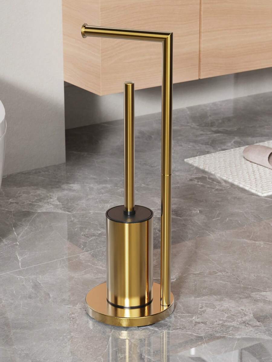 [Stainless Steel Toilet Paper Holder] 1pc Dual-Rod Folding Modern Stainless Steel Freestanding Toilet Paper Holder - Over The Tank Bathroom Tissue Roll Dispenser For Kitchen And Home Use - Multicolor - View 1