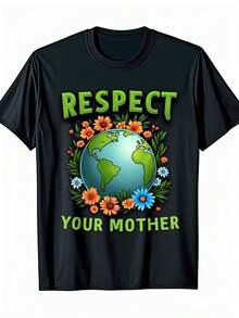 Camiseta "Respecta a tu Madre Tierra" - Suave, Transpirable, Cuello Redondo, Manga Corta con Lema del Día de la Tierra y Estampado Floral Multicolor, Corte Casual, Comodidad para Todas las Temporadas (Diseño "Respecta a tu Madre Tierra") - Negro - Ver 5