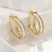 1 Pair Elegant Gold Geometric Horseshoe Earrings, Inlaid With Transparent Synthetic Gems - Fashionable Retro Style, Copper Alloy Material, Perfect Gift For Women, Vintage Jewelry - Gold - View 4