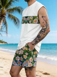 Bộ áo ba lỗ và quần short họa tiết hoa cúc thường ngày cho nam, trang phục đi nghỉ - Nhiều màu - Xem 3
