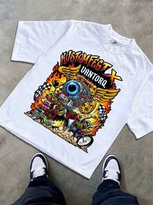 Boys & Teens' Casual Graphic Print Round Neck Short Sleeve T-Shirt, Summer Top - 白色 - 查看 2