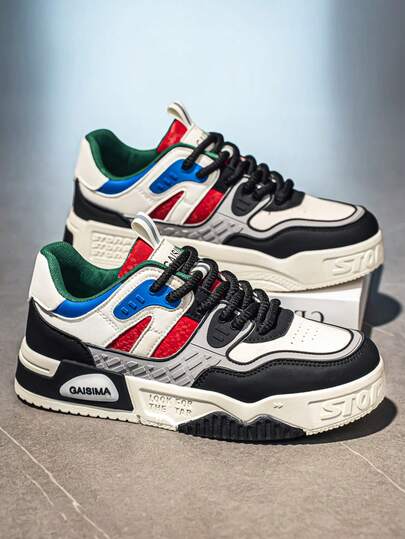 男士复古撞色几何压纹细节运动鞋，街头休闲低帮滑板鞋，适合日常穿着和城市通勤，时尚四季鞋款