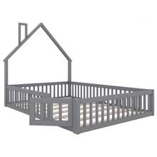 Upholstered Bed, 140 X 200 Cm, Children's Bed In The Shape Of A Chimney, Slatted Base (Mattress Not Included), In Pine, Minimalist Style, Grey - Grey - View 8