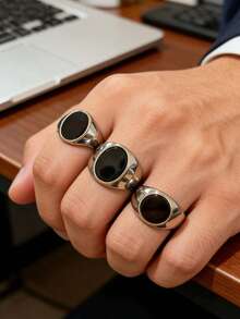 1 pieza Anillo de hombre minimalista casual ovalado, redondo, con diamante de imitación negros, hecho de acero inoxidable 316, chapado en oro de 18K por dentro y por fuera, impermeable e hipoalergénico, adecuado para hombres con estilo minimalista clásico - Anillos ovalados/redondos para hombre - Ver 7