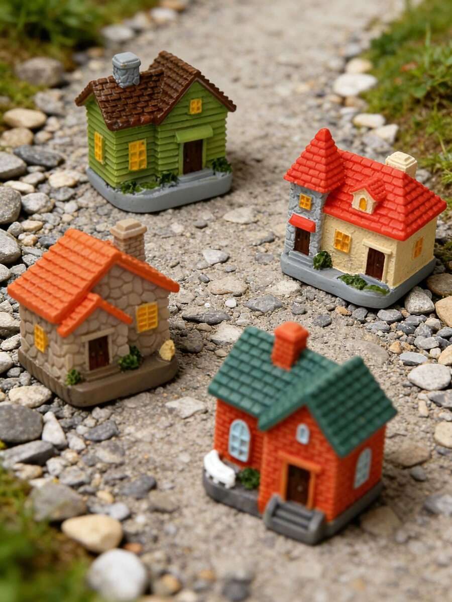 4件套迷你仙女花园小屋套装，仿真树脂苔藓屋，树脂木屋，适用于玻璃容器、盆景和家居装饰 - 多功能室内/室外装饰，情人节、母亲节、劳动节礼物，水族箱装饰，附加装饰