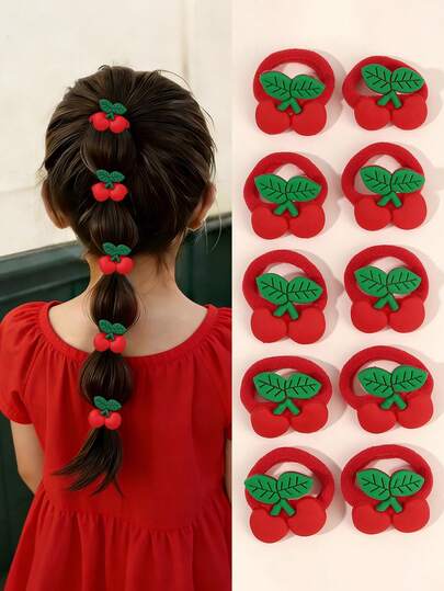 10个装樱桃发圈，可爱水果造型，弹性发圈，红绿配色，甜美可爱，适合春季度假和日常休闲佩戴，青少年发饰