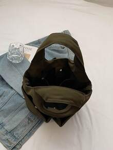 Minimalist Casual Solid Color Handbag, Versatile Multi-Pocket Large Capacity Commuter Tote Bucket Bag For Women - Green - View 8