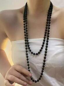 1pc European And American Fashion Glass Faux Pearl Necklace, Women's Minimalist Knotted Multi-Layer Long Sweater Chain Accessory - Multicolor - View 12