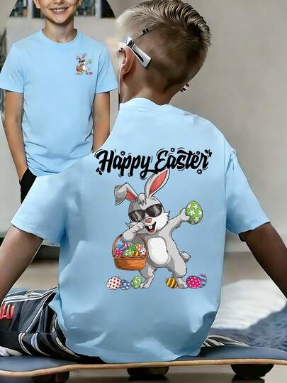 Tween Boy "HAPPY EASTER Bunny & Eggs" Cartoon Print T-Shirt, Suitable For Holiday Wear, Casual Wear, Streetwear, Fashionable Summer Top For Boys. Ideal Easter Gift For Kids, Perfect Outfit To Celebrate Easter!
