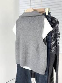 Autumn/Winter New Ribbed Knit Vest, Coffee Color, Sleeveless, Double Zipper, Casual Commute Layering Essential Fall - Grey - View 5
