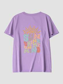 Frühling/Sommer Oversized Top, 100% Baumwolle Top, Damen Kurzarm T-Shirt, farbenfroher Slogan "Sun In My Herz" Grafikdruck, einfarbiges Rundhals, weich und bequem, lässig für den Alltag, Streetwear, Y2k, Strand, Abschlussfeier, Urlaub, Top, Sommer, Frühling, T-Shirt, Fitnessstudio, Sport, Party Top, Bluse, lavendelviolettes Top - Lan Zi - Übersicht 5