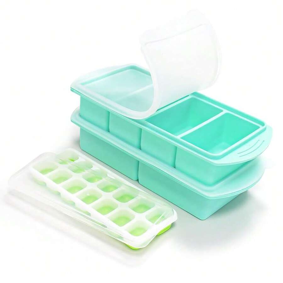 Freezer Trays With Lid For Soup, Leak-Proof Large Capacity Freezer Silicone Molds, Freezable 125/250mL Portions, With 1 Ice CubeTtray Mold, For Freezing Stews, Soups, Food Storage (Gre1en) - Gre1en - View 1